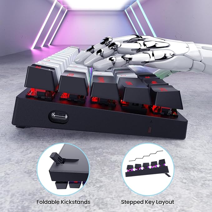 Portable 60% Mechanical Gaming KeyboardWired ErgonomicKeyboard with Red Switches18 LED Backlit Keyboard61 Keys Ultra-Compact Mini OfficeKeyboard for PC/Mac/XboxEasy to Carry On Trip-Black/White