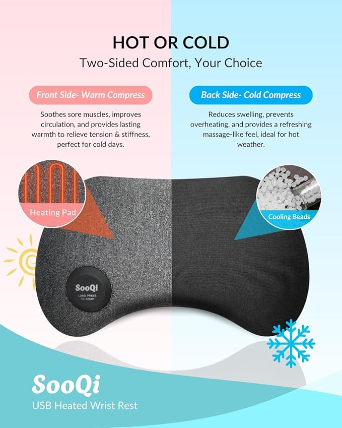 USB Heated Wrist Rest for Mouse Dual-Sided Design with Warm Heat &amp Cooling Beads for Pain &amp Fatigue Relief Ergonomic Support for Office Work Home PC &amp Laptop Gaming