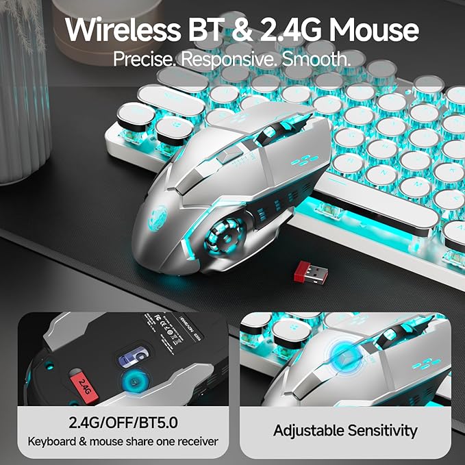 EWEADN TK950 Typewriter Mechanical Keyboard and Mouse 104 Keys Aesthetic Typewriter Keyboard Mouse Combo with Blue Backlit Anti-Ghosting Blue Switch Bluetooth/2.4GHz/Wired Cute Keyboards-White