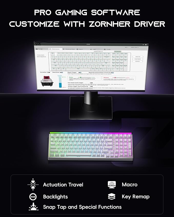 ZORNHER ZH99HE Mechanical Gaming Keyboard Full Size White Gaming Keyboard with Creamy SwitchSoft RGB Backlit Light BoxAdjustable Actuation &amp Rapid Trigger Hall Effect Technology