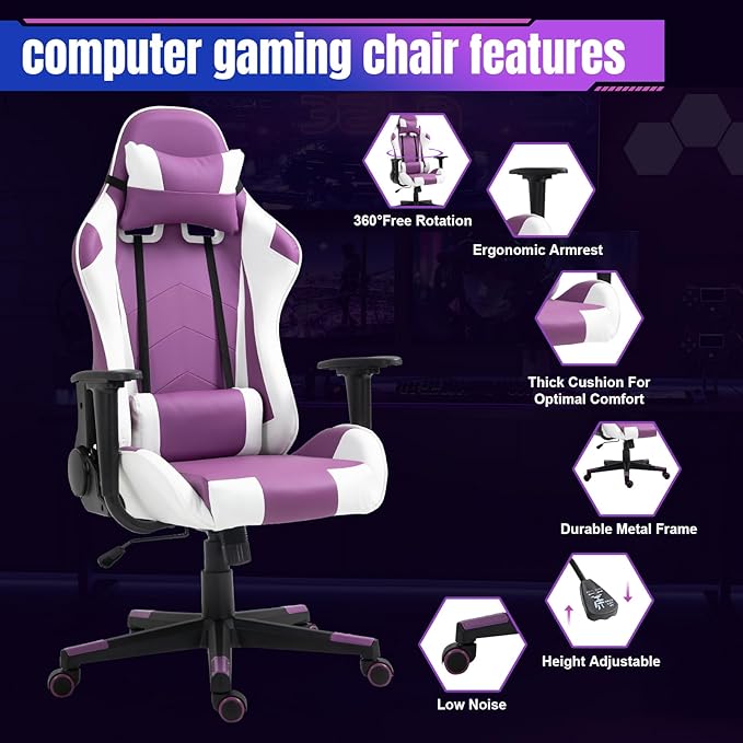 DIKEP Game Chair High-Back Recliner Chair with Headrest and Lumbar Support PU Leather Ergonomic Racing Gaming Chair with Height Adjustable and Headrest 360° Swivel Seat for Adults - Purple &amp Whi