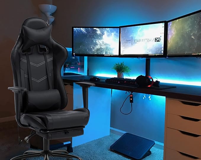 PU Leather Ergonomic Gaming Chair with Massage Lumbar Support Footrest and Armrest - Big and Tall Racing Style for Adults Gaming Work Study
