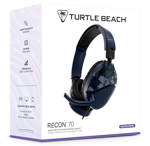 Turtle Beach Recon 70 Multiplatform Gaming Headset for Xbox Series X|S Xbox One PS5 PS4 PC &amp Mobile w/ 3.5mm Wired Connection - Flip-to-Mute Mic 40mm Speakers Lightweight Design Blue Camo