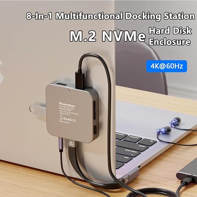 8-in-1 Magnetic Docking Station for M.2 NVME SSD - 4K HDMI PD100W Charging Type-C 3.2 Hub for Laptops Tablets &amp Phones