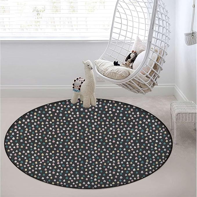 Multi Round Carpet Trendy Area Rugs Non Slip Soft Floor Carpet for Indoor Bedroom Living Room Bathroom Kitchen Floor Mat Vintage Polka Dots on Grey Background Image Diameter 39.4 in