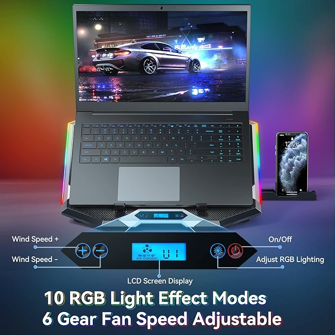 ICE COOREL Gaming Laptop Cooling Pad with 8 Cooling Fans Laptop Fan Cooler Pad for 15-17.3 Inch Notebook Cooler Stand with 6 Height Adjustable RGB Cooling Pad with Two USB Port + Phone Stand
