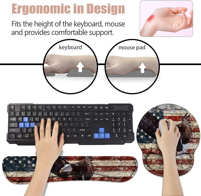 Keyboard Wrist Rest and Mouse Pad Wrist Support Set with Coasters Non-Slip PU Base Easy Typing and Relieve Wrist Pain Perfect for Home Office Working Studying Military Wall Graffiti USA Flag Eagle