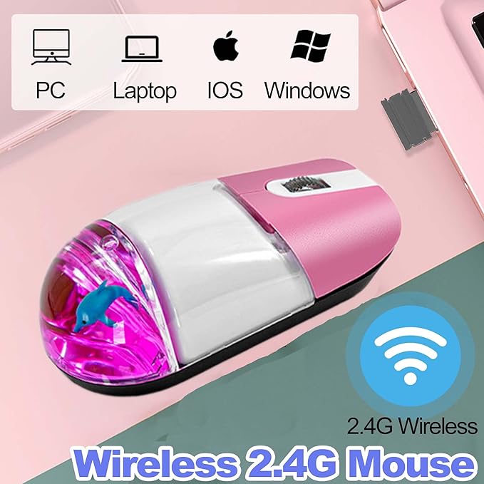 Wireless Mouse Cute Clear Water Silent Lightweight Portable Aqua Transparent Liquid Optical Retro Cordless Mice with USB Receiver Floater Dolphin for PC Laptop Computer MacBook Kids Girl Gift (Pink)