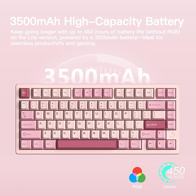 KEEBMONKEY WOBKEY Rainy 75 CNC Aluminum HMX/JWK/Cocoa Switches Triple-Mode Connectivity Mechanical Keyboard with Superior Acoustics RGB/PP/Mirrored Glass/3500mAh/Violet Switch (Standard - Pink)