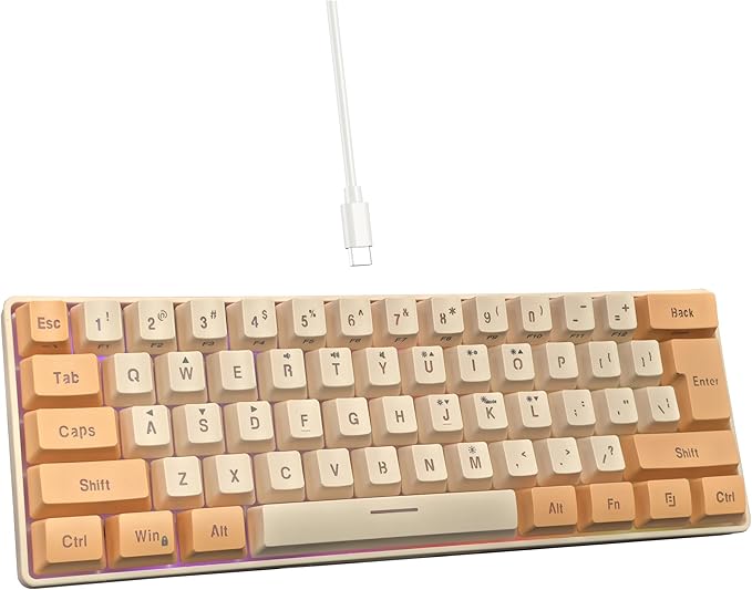 Snpurdiri 60% Wired Gaming Keyboard RGB Backlit Ultra-Compact Mini Keyboard Waterproof Mini Compact 61 Keys Keyboard for PC/Mac Gamer Typist Travel (Orange and Cream)