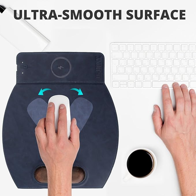 Magnetic Wireless Charging Mouse Pad with Ergonomic Design Mousepad with Wrist Support Foldable Mousepad with Wrist Rest and for Computer Laptop Office &amp Home 14 x 12.1 in Blue