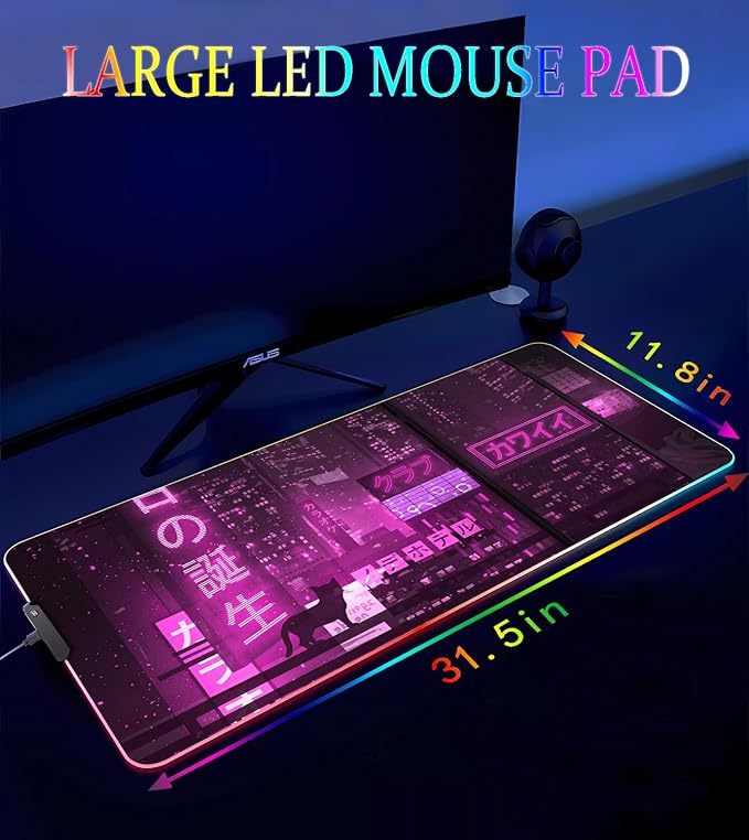 RGB Gaming Mouse Pad Large Mousepad with Led Light Gaming Accessories Keyboard Pad for Desk Non-Slip Rubber Base Big Mouse Mat for Gamer 31.5 X 11.8 Inch Purple Anime