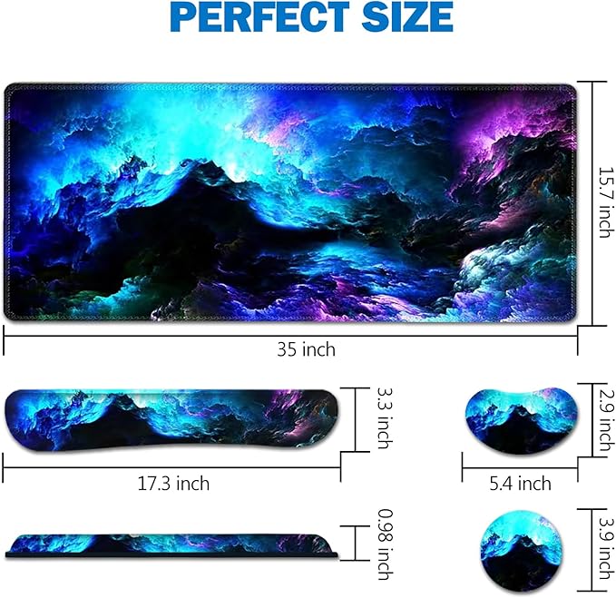 AIMSA Keyboard Mouse Pad Wrist Rest Set Extended Desk Mat+ Ergonomic Mouse Pad with Wrist Rest+ Keyboard Wrist Support+ Coaster 35x15.7in Large Mousepad for Home Office Nebula Galaxy