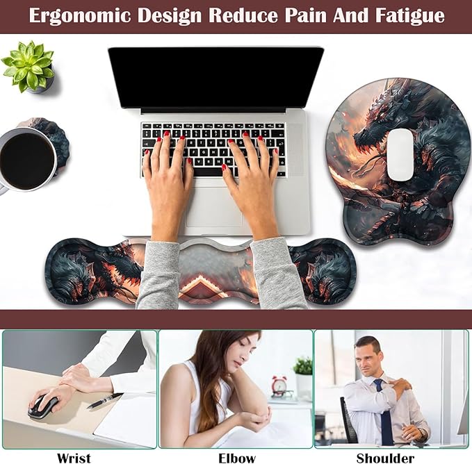 Keyboard Wrist Rest and Mouse Pad Wrist Support with Lace-Shaped Coaster Set Ergonomic Gel Memory Foam and Anti-Slip Base Easy Typing and Pain Relief - Draco Warrior