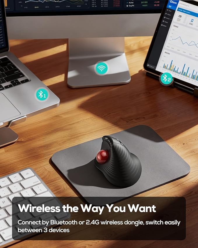Nulea M514 Vertical Trackball Mouse Ergonomic Wireless Thumb-Control Mouse with Quiet Clicks Ultra-Fast Scrolling 3 Device Connection (Bluetooth &amp USB Receiver) Rechargeable for PC/Mac/Laptop
