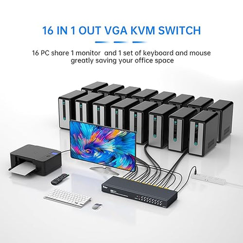 16 Port KVM Switch VGA Rack Mount KVM Console VGA 16x1 w/16-Pack KVM Cables IR Remote &amp Rack Mount Ears Support HD 1U 19'' Rack Cabinet