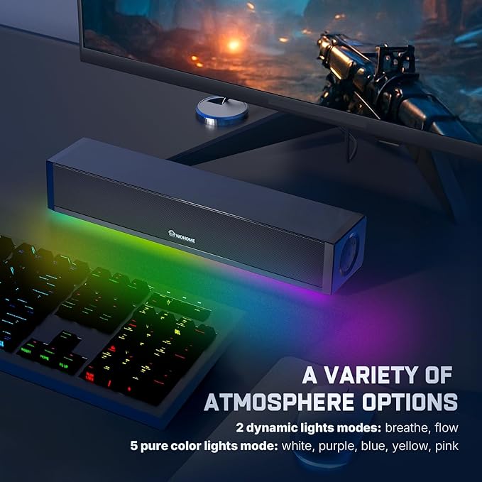 Wohome 2.1 Computer Speakers for Desktop PC Bluetooth 5.3 Computer Sound Bar with HiFi Sound 7 RGB Light Modes DC Powered Laptop Speakers with 3.5mm AUX-in/USB Connected for Game Music and Movie