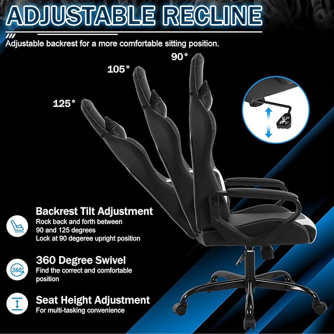 Gaming Chair Computer Gamer Racing Chair High Back Video Game Chair Leather Gaming Chair Ergonomic Adjustable Swivel Racing Chair with Headrest and Lumbar Supportfor Back Pain WomenMenWhite