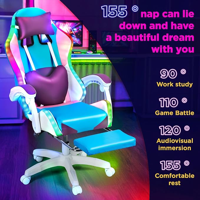 Talent Star Ergonomic Gaming ChairReclining Video Game Chairwith RGB LED Lights Massage and Footrest Heart High Back Adjustable Lumbar Support for Adult Height Adjustable with 360° Swivel Chair Pu