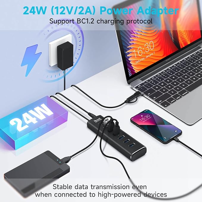 Powered USB 3.0 /USB C Hub ikuai Aluminium 7-Port USB Hub Splitter with AC Adapter LED Individual On/Off Switches and 3.3ft Extended Long Cable for Laptop Mac PC Flash Drive Mobile HDD