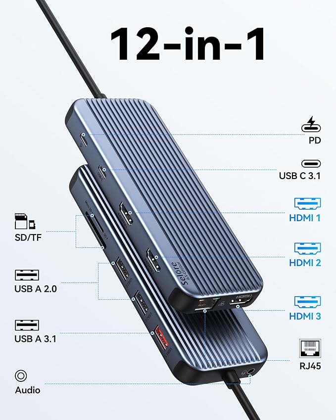 USB C Docking Station 3 HDMI Selore 12 in 1 Laptop Docking Station 3 Monitors with Triple HDMI10Gbps USB A/C 3.1USB 2.0100W PD Charging Gigabit Ethernet Audio MicSD/Micro SD Card Slot