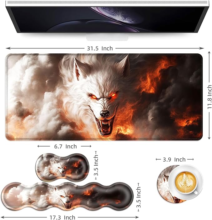 Keyboard Mouse Pad Set Extended Gaming Mouse Pad+Ergonomics Keyboard Wrist Rest Support Memory Foam Easy Typing Pain Relief 4Pcs XL Ultra Thick Desk MatFlaming White Wolf Art