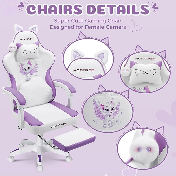 HOFFREE Gaming Chair for Girls with Cat Ears Massage Lumbar Computer Chair Game Chairs for Adults