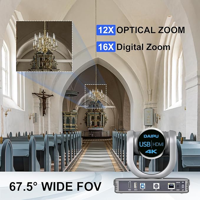 PTZ Camera 4K 12X Optical Zoom Conference Room Camera HDMI USB3.0 LAN PoE AI Auto Tracking 1/2.8 8.29MP CMOS Sensor 255 Presets for Church Worship Live Streaming Business Video Conference