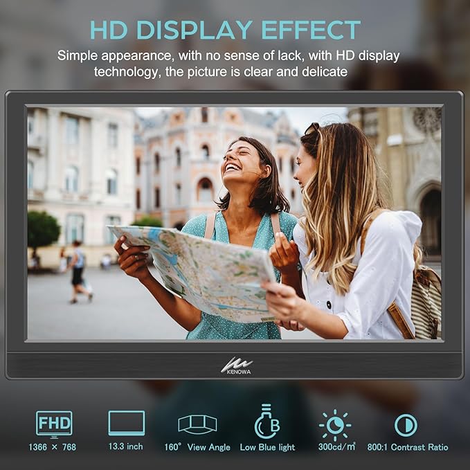 Kenowa Portable Monitor 13.3 Inch HD 1366x768P LED Screen Small HDMI Monitor Built-in Speaker and Adjustable Stand HDMI VGA Port External Display for Laptop PC Mac Xbox PS4/5