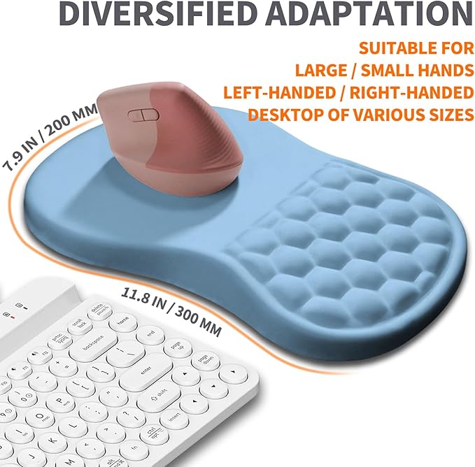 Ergonomic Joint Wrist Support Mouse Pad with Memory Foam Cushion Massage Bump Carpal Tunnel Pain Relief Mousepad Slope Design for Wrist Rest 11.8x7.9 in LightSkyBlue