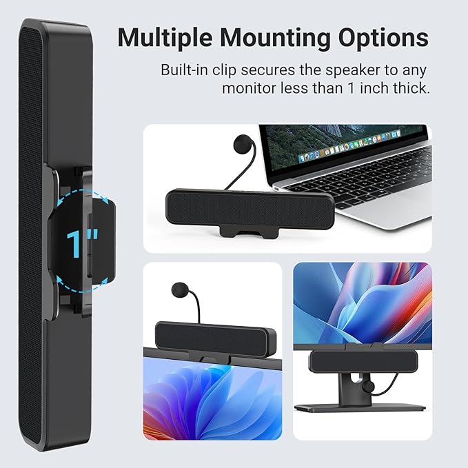 INGA Computer Speakers with Detachable Mic Plug and Play Desktop Speakers One-Touch Mute Microphone Stereo &amp Bass Easily Clamps to Monitor Compatible with PC MAC Laptop