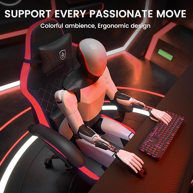 GTPLAYER RGB Gaming Chair with Footrest Massage LED Lights Lumbar Support - Ergonomic Computer Chair with Linkage Armrest Video Game Chairs PC Game Chairs for Adults