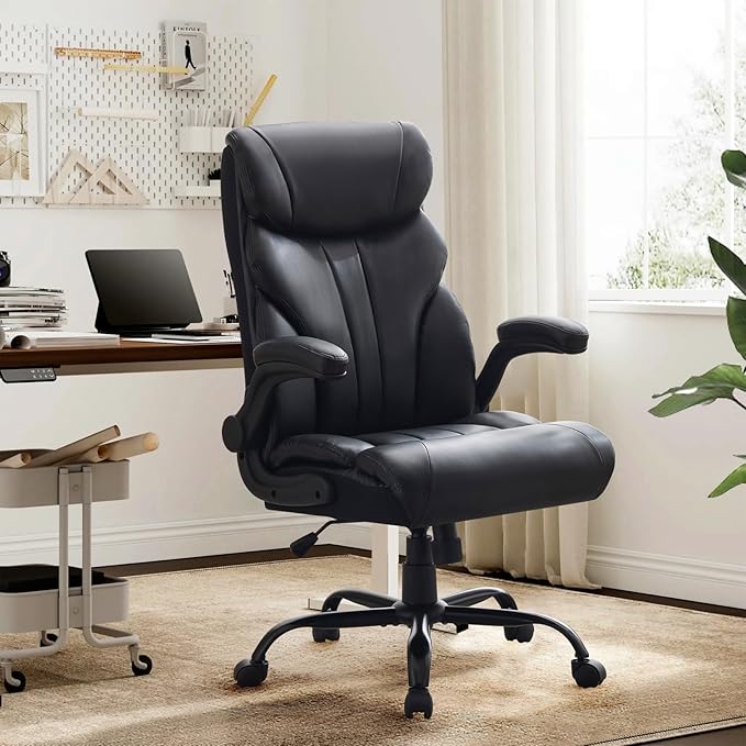 Office ChairBig and Tall Office Chairs 500LBS Wide Ergonomic Gaming Chair Executive Leather Computer Chairs with Adjustable Height &amp 360° Swivel Rolling Wheels for WorkBlack