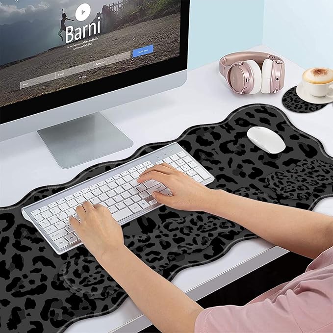 Bxgolkgd Desk Mat SetMouse Pad with Keyboard Wrist Rest &amp Mouse Wrist RestWave-Shaped DesignNon-Slip Rubber BaseErgonomic Desk Mat for HomeOfficeGamingBlack Leopard Print