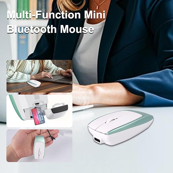 Bluetooth Mouse Rechargeable Portable Mini Computer Mice with TF Card Reader 3 Adjustable DPI Optical Lightweight Silent Wireless Mouse for Laptop Tablet Cell Phone Windows Mac OS Android iOS Green