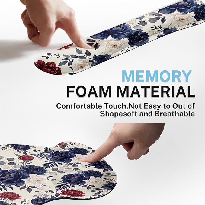 Britimes Navy Blue Florals Keyboard Mouse Pad Set Red Peony Florals Boho 4in1 Large Mousepad+Keyboard Wrist Rest+Mouse Wrist Rest+Coaster Ergonomic Design for Home Office Computer 35.4x15.7 inches