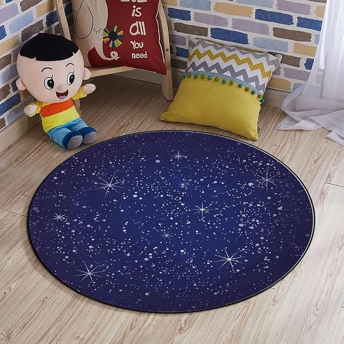 Astrology Round Rug Nursery Rug for Bedroom Playroom Non Slip Educational Playmat Round Circle Carpet Constellation Planets Coordinates of CelestialDark Blue Diameter 39.3 in