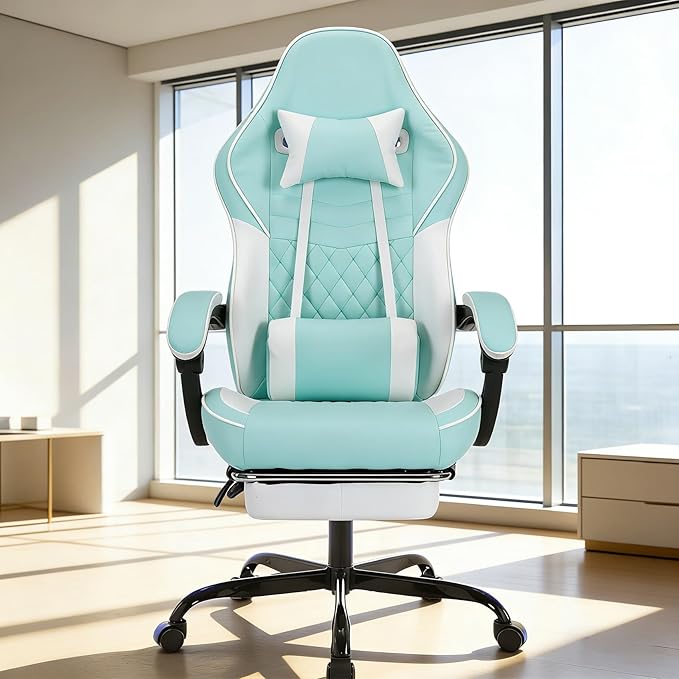 Gaming Chair with Footrest Ergonomic Computer Gaming Chair with Massage Lumbar Support and Pocket Spring Cushion Reclining Adult Gaming Chair for Home Office (Green)