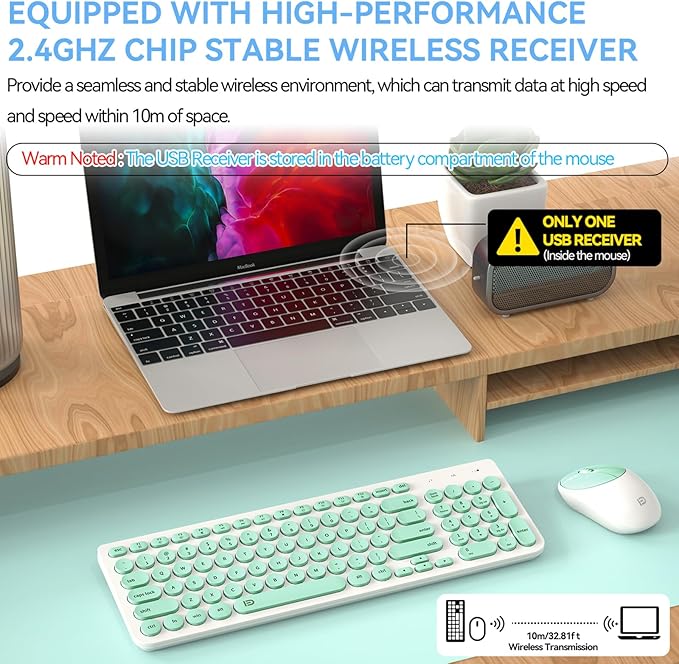 FD Wireless Keyboard and Mouse Combo - 2.4GHz USB Cordless Cute Round Keys Quiet and Slim Set for Laptop Computer TV and Mac - Mint Green &amp White