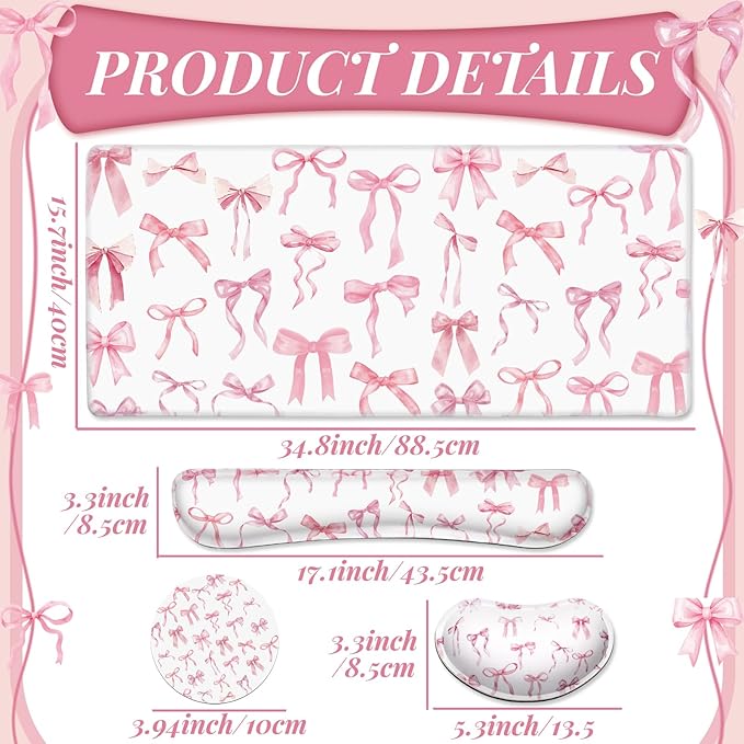 4 Pcs Pink Bow Keyboard Mat and Mouse Pad Set Coquette Desk Mat Bowknot Mouse Pad with Wrist Rest Cute Keyboard Wrist Rest Preppy Cup Coasters Pink Ergonomic Design for Office Table Computer