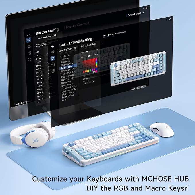 MCHOSE X75 V2 Wireless Mechanical Keyboard Volume Knob Tri-Mode BT5.0/2.4GHz/USB-C Hot Swappable Custom Keyboards Linear Switch Creamy Keyboards RGB Gaming Keyboard for PC/Tablet/PS/Xbox Blue