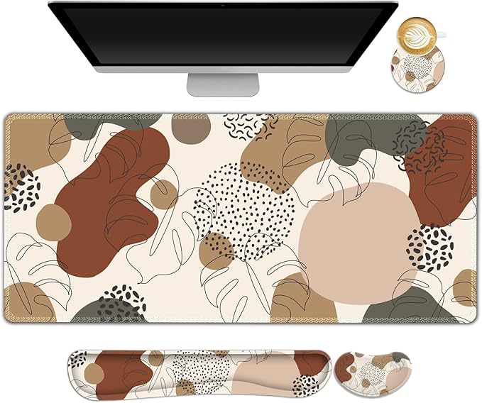 ARTSO Desk Pad and Keyboard Wrist Rest Large Gaming Mouse Pad+Keyboard Wrist Pad+Mouse Wrist Support 4 in 1 Desk Mat Protector for Office Home (Abstract Leaf)
