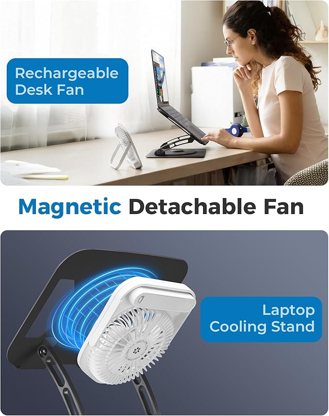 SHUWEI Laptop Cooling Stand with Detachable Desk Fan Adjustable Height &amp Angle 360 Rotating Base Carbon Steel Framework Ultra-Quiet &amp Super Sturdy for up to 16”Laptop-Black