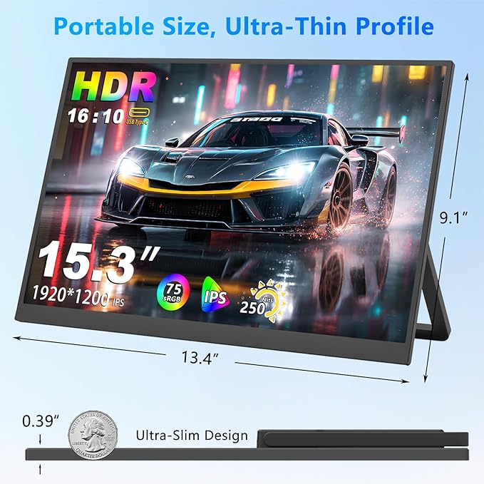 15.3-inch portable monitor with a Full HD 1200p IPS display featuring USB-C and Mini HDMI ports ideal as a second screen for laptops desktops Macs mobile phones Xbox and PS5built-in speakers