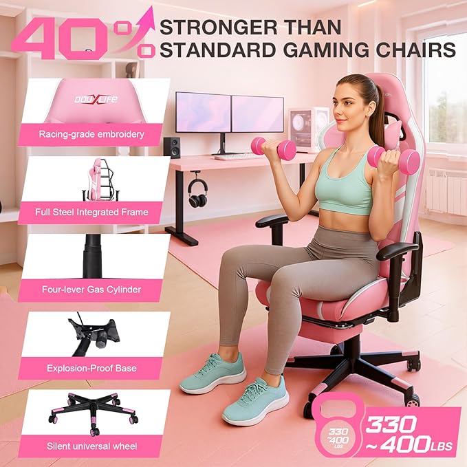 Douxlife 7-Point Massage Gaming Chair with Footrest 400lbs Heavy Duty Ergonomic Computer Chair 175° Reclining High Back Racing Seat for Adults with Adjustable Armrests &amp Lumbar Support Pink