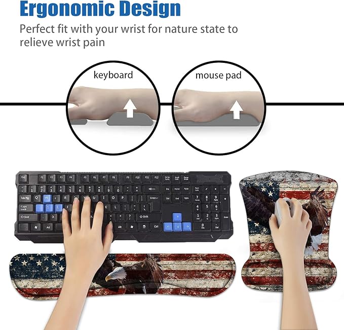 Keyboard Wrist Rest and Mouse Pad Wrist Support Set with Coasters Non-Slip PU Base Ergonomic Mousepad for Computer Laptop Home Office Easy Typing &amp Pain Relief Military Wall Graffiti USA Flag Ea