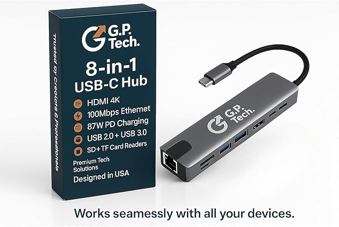 8-in-1 USB-C Hub – 4K HDMI 87W PD Charging Ethernet 100Mbps USB 3.0 USB 2.0 SD/TF Card Reader – Aluminum Slim Docking Station for MacBook Windows iPad &amp Chromebook