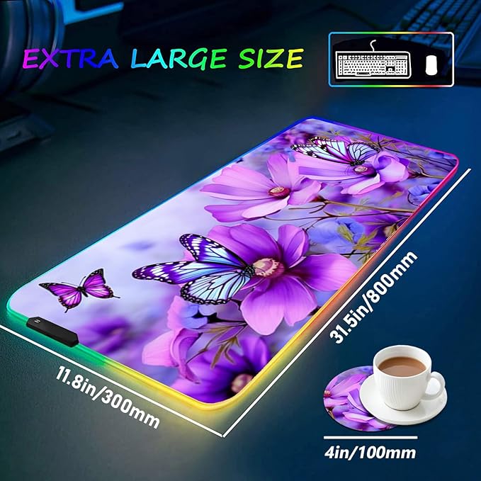 RGB Gaming Mouse Pad with Coffee Coaster XXL Large Glowing LED Mousepad Anti-Slip Rubber Base Computer Keyboard Desk Mouse Mat 31.5 X 11.8 Inch - Purple Flowers and Butterfly