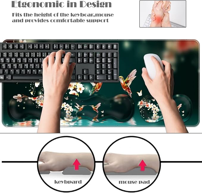 Ergonomic Keyboard Wrist Rest &amp Mouse Pad Wrist Rest SetXL Gaming Desk Mat 31.5x 11.8Non-Slip BaseMemory FoamEasy Typing Pain Relief for Office &amp HomeHummingbirds and Flowers