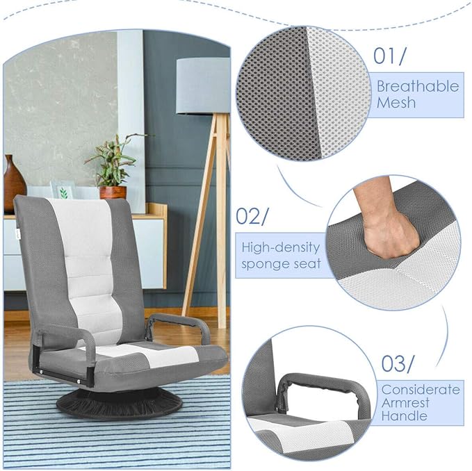 DORTALA 360 Degree Swivel Gaming Floor Chair 6-Position Adjustable Folding Floor Chair Comfortable Padded Backrest Lazy Sofa Chair Game Rocker for Teens Adults Gray